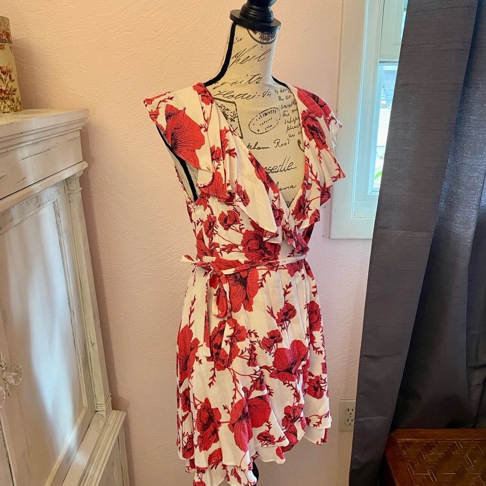 Free People Tropical Floral Wrap Around Sun Dress, White and Red, Size Small
